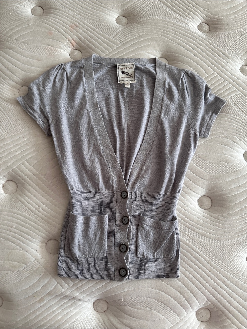 Pink Rose Light Gray Short-Sleeve Button Cardigan